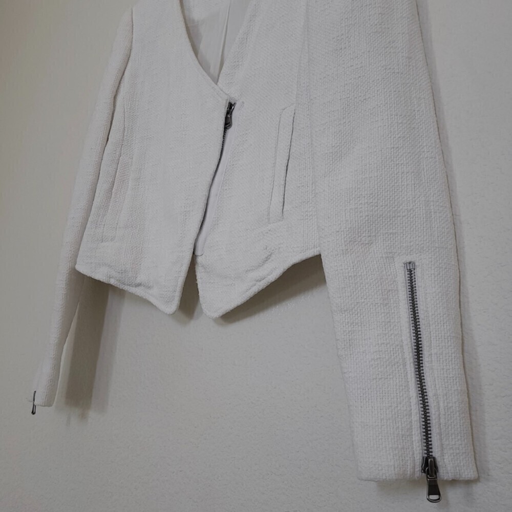 TIBI NY 100% Cotton Cropped Asymmetrical Knit Moto Jacket White 6 Quirt Luxury - Picture 9 of 16